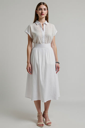 White A Line Midi Work Dress with Short Sleeves